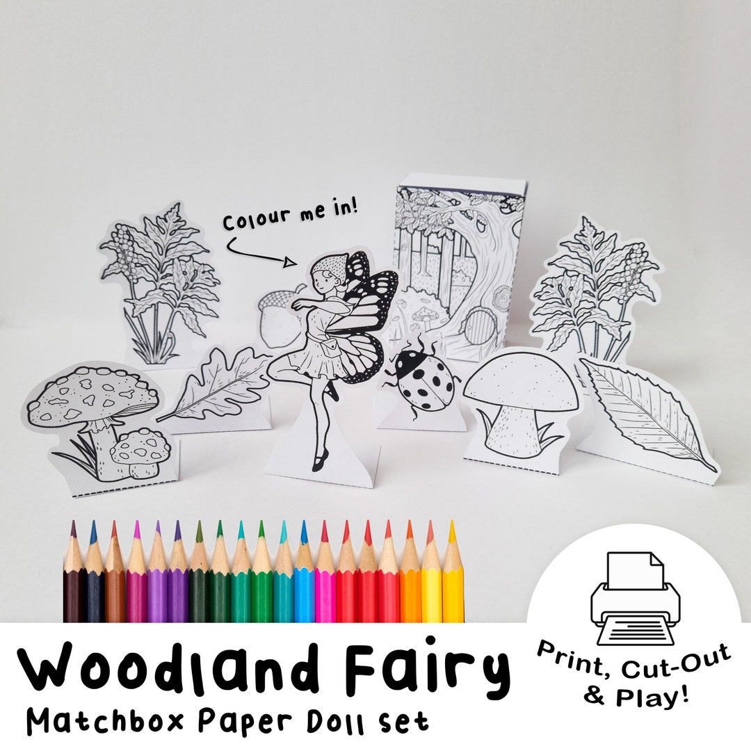 Woodland Fairy Coloring Matchbox Paper Doll Set Printable Instant Download Cute Papercraft Craft ...