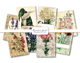 Trading Cards, Digital Collage, Collage Cards, Flower Cards, Vintage, Ephemera, Junk Journals, Scrapbooking, Botanical, Florals, Nature