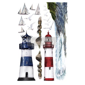 May include: Watercolour illustration of two lighthouses, one red and white and one blue and white, with white sailboats and seagulls flying overhead. The lighthouses are set against a backdrop of a rocky cliff and crashing waves.