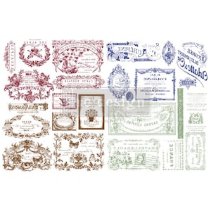May include: A selection of vintage-style labels and designs in burgundy, brown, blue, and green. The labels feature floral motifs, ornate frames, and French text, ideal for crafting or scrapbooking projects.