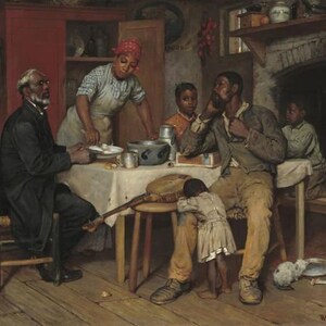 May include: A painting depicting a family gathered around a table in a rustic setting. A woman in a red headscarf serves food, while a man in a dark suit sits at the table. A young girl sits on a stool, and a man with a beard sits in a chair. The table is set with plates, bowls, and a banjo.
