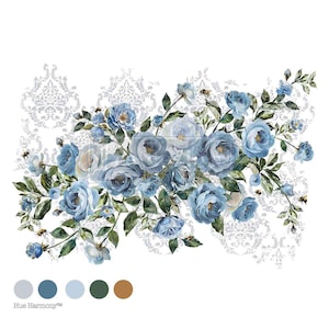 May include: A watercolor painting of a floral arrangement featuring blue roses and green leaves on a white background with a damask pattern. The painting is part of a color palette set.
