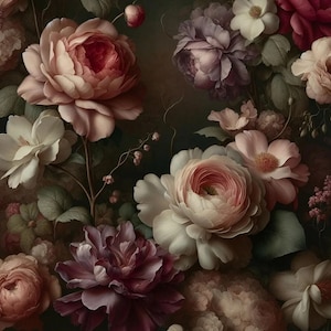 May include: A vintage-style floral print featuring a variety of pink, white, and purple roses, with dark green leaves and a dark background.