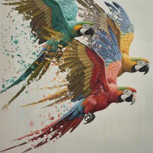 May include: A painting of three macaws in flight, rendered with a dynamic, fragmented style. The birds feature vibrant colors: teal, yellow, red, and blue. The artwork has a light background, emphasizing the birds' movement and the artistic technique.