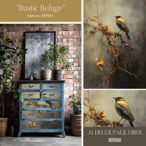 Peut inclure: Une commode bleue à huit tiroirs décorée d'un motif de découpage représentant un oiseau sur une branche avec des feuilles dorées. La commode est devant un mur en briques avec deux plantes en pot. Le texte "A1 DECOUPAGE FIBER" est dans le coin inférieur droit de l'image.