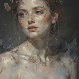 May include: An oil painting of a woman with fair skin, freckles, and light blue eyes. The portrait features a soft color palette with gold accents on the hair and shoulders. The woman is looking off to the side with a contemplative expression.