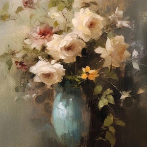 Peut inclure: Un bouquet de roses blanches et d'autres fleurs dans un vase bleu. Les fleurs sont disposées de manière lâche et naturelle, et le vase est un design simple et élégant.