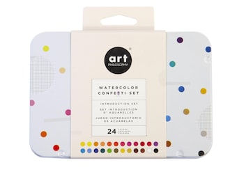 May include: A rectangular metal tin containing a watercolor confetti set with 24 colors. The white tin features a colorful polka dot pattern and a central paper sleeve labeled Art Philosophy Watercolor Confetti Set Introduction Set.