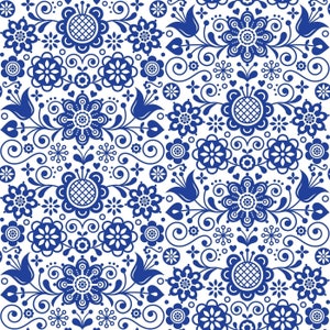 May include: A seamless pattern featuring a white background with blue floral designs. The pattern includes stylised flowers, leaves, and swirls.