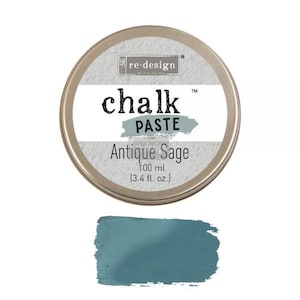 May include: A round tin of re-design with prima chalk paste in Antique Sage. The tin is silver with black text and a small image of a sage green paint swatch. The text reads "re-design with prima chalk paste" and "Antique Sage". The tin contains 100 ml (3.4 fl. oz.) of paste.