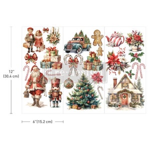 May include: A Christmas themed digital paper featuring a variety of images including a red truck, a gingerbread man, a nutcracker, a Christmas tree, a house, and a Santa Claus. The paper is 30.4 cm by 15.2 cm.