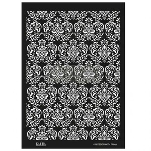 May include: Black and white damask pattern stencil. The stencil is made of a durable material and is perfect for creating intricate designs on walls, furniture, and other surfaces. The stencil is reusable and easy to clean.