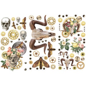 Peut inclure: Un ensemble de papiers numériques pour scrapbooking avec une variété d'images, notamment des crânes, des fleurs, des engrenages et des papillons. Les images sont de style vintage et sont parfaites pour ajouter une touche de fantaisie à vos projets.