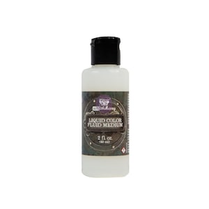 May include: A clear plastic bottle with a black cap, containing a white liquid. The label reads "Liquid Color Fluid Medium" and "2 fl. oz. (60 ml)." The bottle has a vintage-style design with a purple and brown colour scheme.