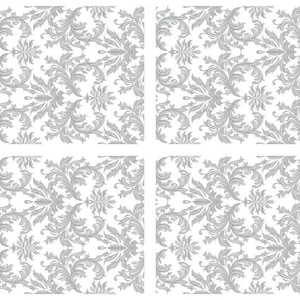 May include: A seamless pattern of intricate, silver-grey floral designs on a white background. The pattern is repeated throughout the image, creating a symmetrical and elegant design.