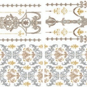 May include: A digital paper featuring a repeating pattern of ornate, gold, and silver floral designs. The design is intricate and detailed, with a vintage aesthetic.