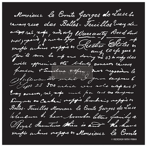 Peut inclure: Fond noir avec texte manuscrit blanc. Le texte ressemble à une lettre ou un document ancien, avec des mots comme "Warranty" et "Monsieur". L'esthétique générale est antique et décorative.