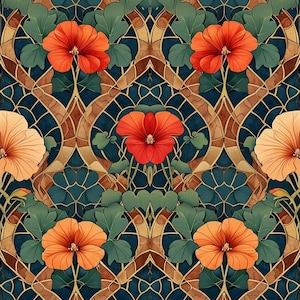 May include: A repeating pattern of orange and peach flowers with green leaves on a dark blue background. The flowers are stylised and have a geometric design. The background is a dark blue with a gold and brown geometric pattern.