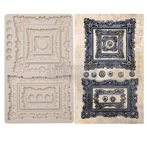 May include: A silicone mold for baking or crafting, featuring two ornate frame designs. The mold is beige and the frames are detailed with intricate scrollwork.