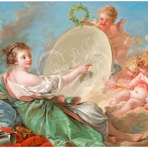 May include: A painting of a woman in a green dress, drawing on a round canvas. Two cherubs are looking at her work. The woman is surrounded by art supplies, including a palette, brushes, and a scroll.