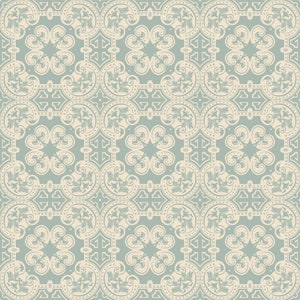 May include: A seamless pattern featuring a repeating design of intricate floral motifs in a light beige colour on a light blue background.