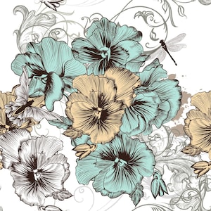 May include: A seamless pattern featuring delicate floral illustrations of pansies in shades of blue, green, and beige. The flowers are intricately drawn with detailed petals and leaves, creating a vintage aesthetic. The background is a white canvas with intricate swirls and flourishes.