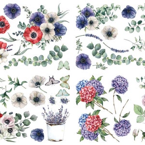 May include: Watercolour illustrations of various flowers, including red, white and blue anemones, lavender, hydrangeas and roses. The illustrations are perfect for crafting, scrapbooking or adding a touch of floral beauty to any project.