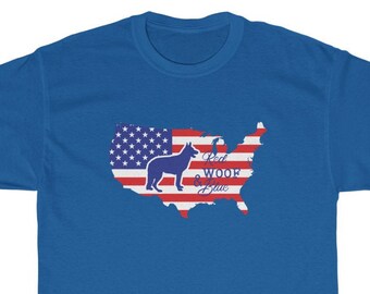 Patriotic German Shepherd GSD Red Woof Blue Unisex TShirt, Independence Day 4th July. American Flag, Patriotic Dog Shirt, Gift for Dog Lover