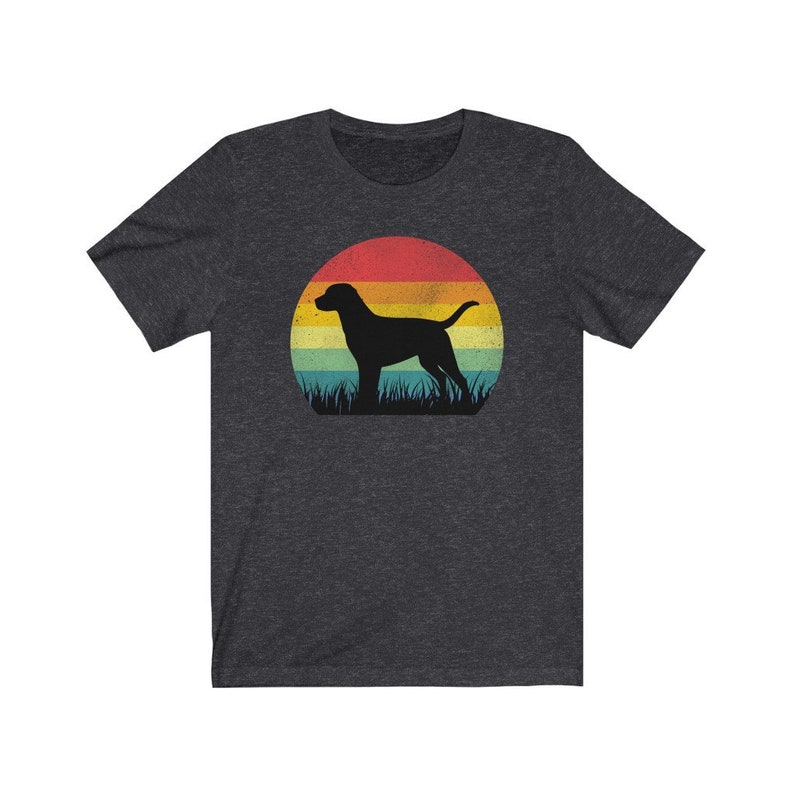 May include: Dark gray t-shirt featuring a silhouette of a dog standing in grass against a retro sunset. The sunset has bands of red, orange, yellow, and green. A stylish graphic tee for dog lovers.