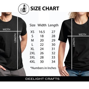 May include: Size chart for t-shirts, with measurements in inches. The chart includes sizes XS to 4XL, with corresponding width and length measurements. The text "DEELIGHT CRAFTS" is at the bottom. Two people are wearing black t-shirts.