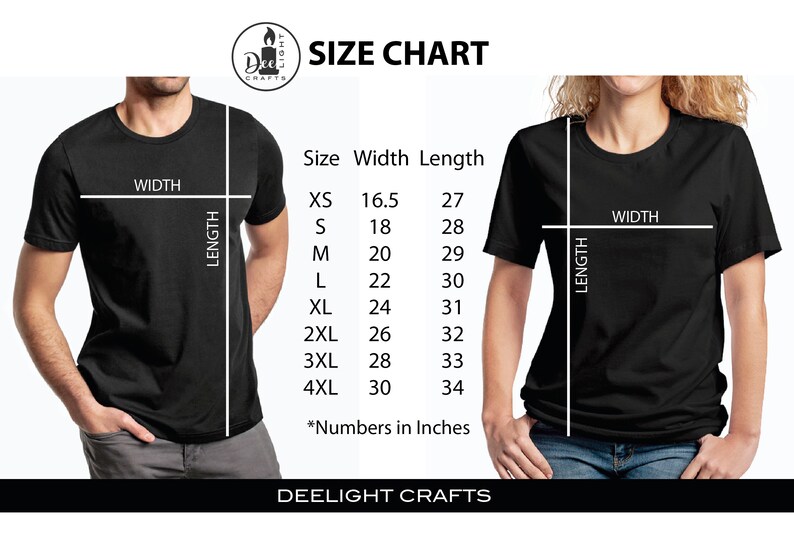 May include: Size chart for t-shirts, with measurements in inches. The chart includes sizes XS to 4XL, with corresponding width and length measurements. The text "DEELIGHT CRAFTS" is at the bottom. Two people are wearing black t-shirts.