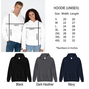 May include: Unisex hoodie in black, dark heather gray, and navy blue. The image shows a size chart with measurements in inches, ranging from small to 4XL. The hoodie is displayed on two people, with width and length measurements indicated.