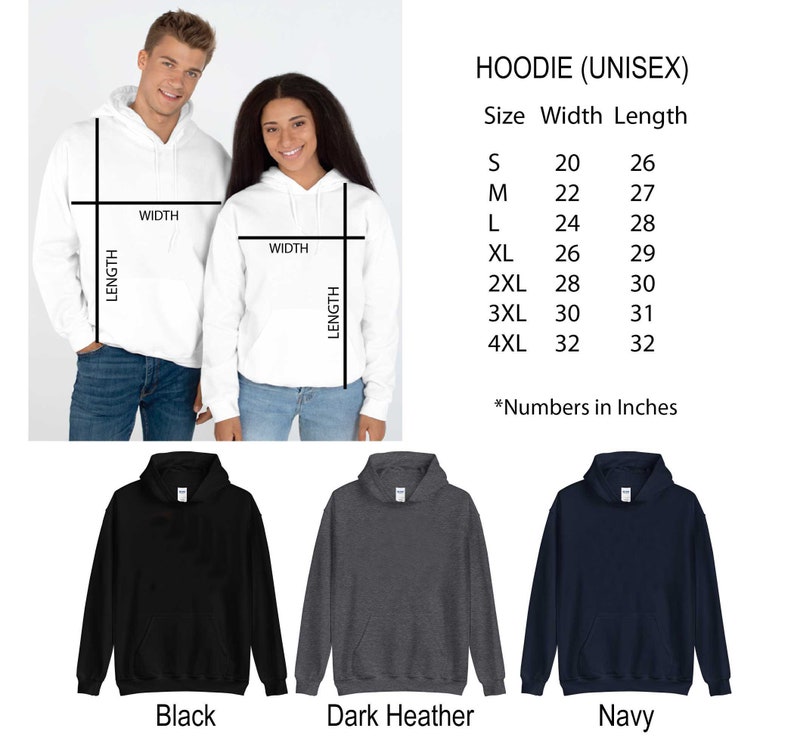 May include: Unisex hoodie in black, dark heather gray, and navy blue. The image shows a size chart with measurements in inches, ranging from small to 4XL. The hoodie is displayed on two people, with width and length measurements indicated.