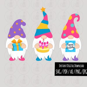 Fête d'anniversaire Gnome SVG Bundle, Gnome cadeau, Gâteau d'anniversaire Gnome, Carte d'anniversaire Gnome, Signe de vacances SVG, PDF, Ai, Png, Téléchargement par sublimation