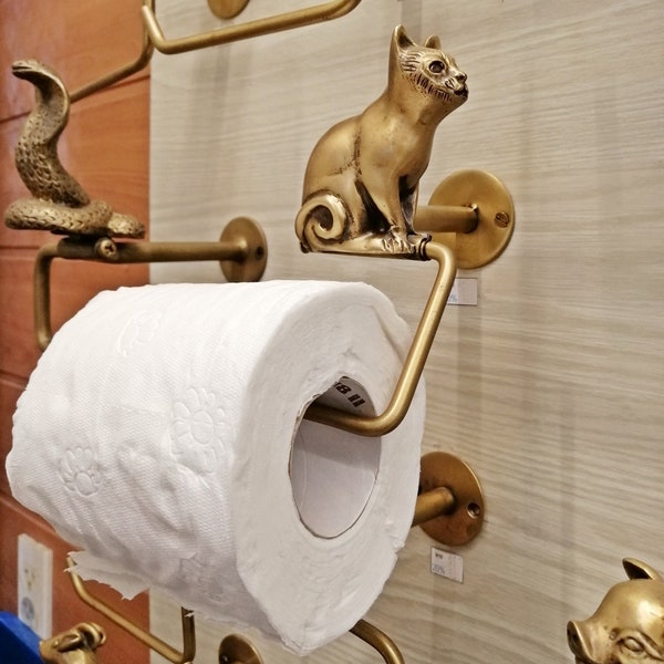 Toilet Paper Brass Tissue Holder Cat Figurine Hanging Animal Vintage Home Decor