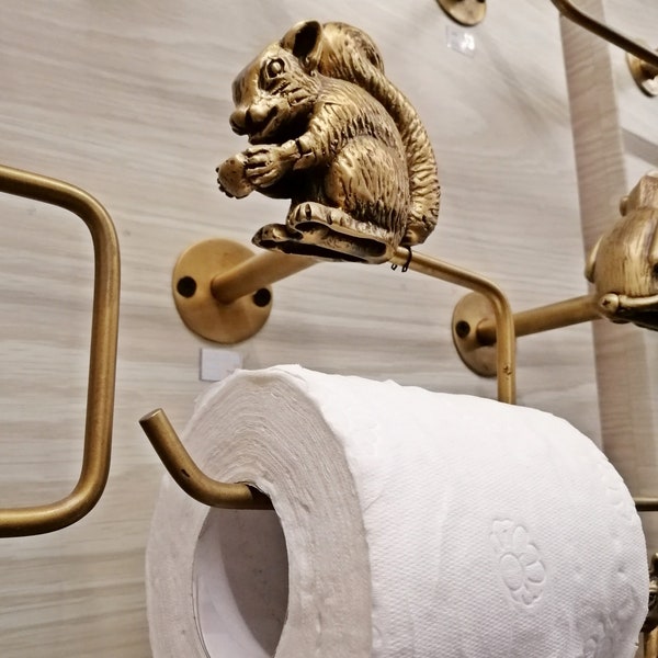 Tissue Paper Roll Holder Squirrel Brass Vintage Figurine Hanging Toilet  Home Decor