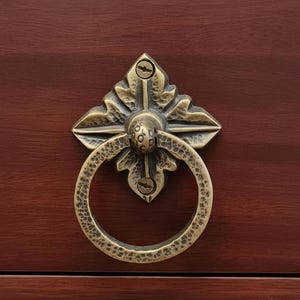 Brass Thai Pattern Ring Pull, Antique Gold Cabinet Drop Handle, Vintage Hammered Drawer Ring Knockers, Asian Art Cupboard Hardware, 2.1"