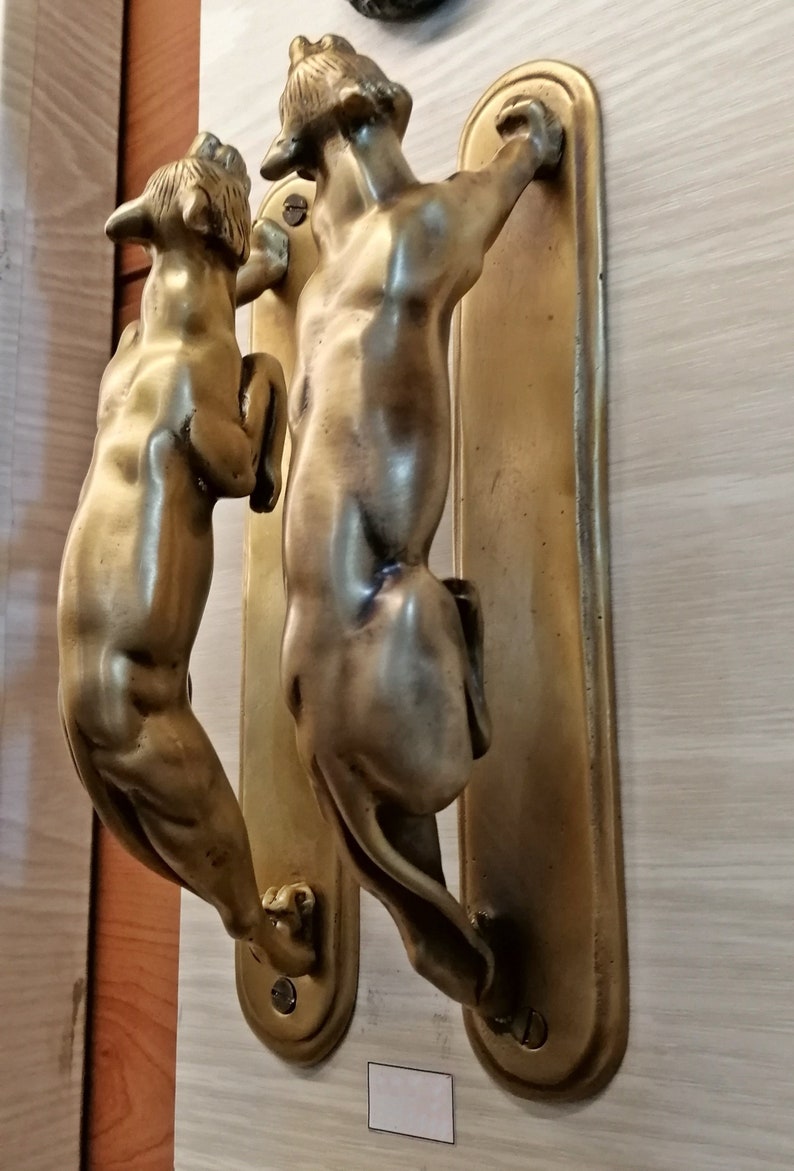 May include: A pair of brass door handles shaped like dogs. The handles are mounted on rectangular plates.