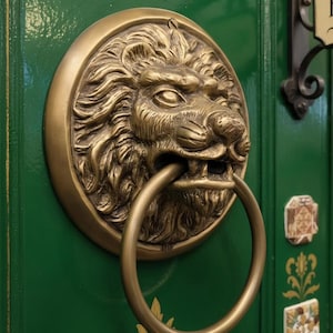 Solid Brass Lion Head Door Knocker, Antique Gold Large Door Pull, Vintage Baroque Front Door Ring, Regency Manor Door Hardware, 6.5"