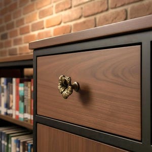 Op de afbeelding: Close-up van een houten lade met een decoratieve messing handgreep. De lade maakt deel uit van een donkere kast met een zwart frame. De achtergrond toont een bakstenen muur en een boekenkast vol boeken.