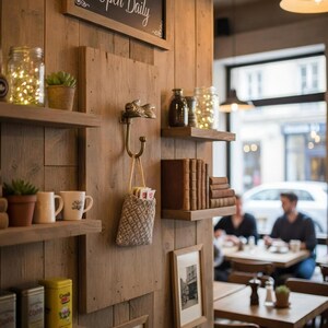May include: Interior shot of a cafe with wooden paneling and shelves. A chalkboard sign reads "Café Au Lait Open Daily." Shelves display potted plants, mugs, jars with fairy lights, and books. A decorative hook holds a small bag. Framed pictures are also visible.
