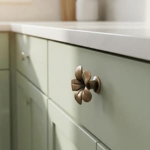 Brass Plumeria Flower Cabinet Knob, Vintage Floral Drawer Pull Handle, Antique Gold Botanical Wardrobe Dresser Pulls, Small Size 1.8 in