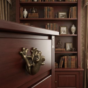 May include: A dark wood bookcase filled with antique books, vases, and framed pictures. A bronze frog-shaped door pull is visible on the cabinet door. The bookcase has multiple shelves and is set against a patterned wall.