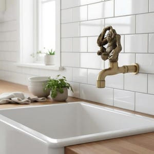 Può includere: Un rubinetto in ottone con una figura di scimmia dettagliata, montato su una parete piastrellata bianca. Il rubinetto è installato sopra un lavello bianco con piano di lavoro in legno. La scena è in una cucina luminosa.