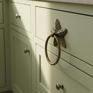 Brass Starfish Cabinet Drawer Pull, Vintage Twin Sea Star Drop Ring Handle, Antique Gold Door Knocker, Coastal Nautical Hardware, 3.2 in