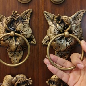 2x Puxadores de Gaveta em Latão com Argola, Ferragens para Armários, Hibisco, Decoração Vintage para Casa