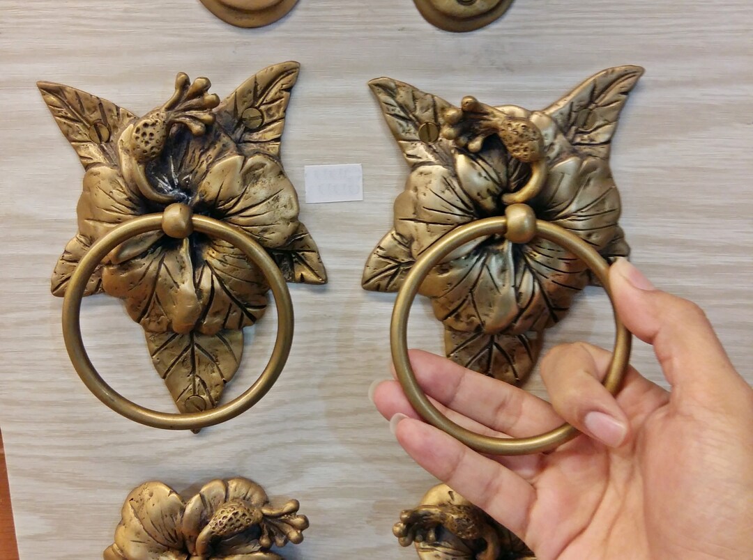2x Drawer Handles Pull Ring Brass Hardware Hibiscus Etsy