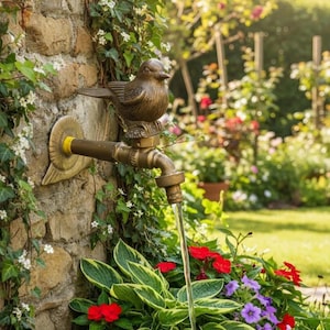 Könnte beinhalten: Ein bronzefarbener, vogelförmiger Gartenwasserhahn ist an einer Steinmauer befestigt, wobei Wasser in ein Beet aus grünen und roten Blumen fließt. Der Wasserhahn hat ein dekoratives, antikes Design und verleiht dem Außenbereich einen Hauch von Charme.