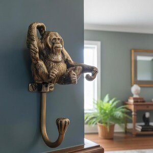 Gancho de pared de latón con forma de mono, perchero vintage con forma de gorila, gancho antiguo para toallas con forma de orangután, decoración para el hogar con temática de la selva safari, gancho para batas con forma de animal.