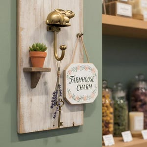 May include: A rustic wooden wall-mounted decor piece with a gold-colored bunny hook. It features a small terracotta pot with a succulent, a key, and a sign that reads "Farmhouse Charm" with floral accents. The background is a muted green.